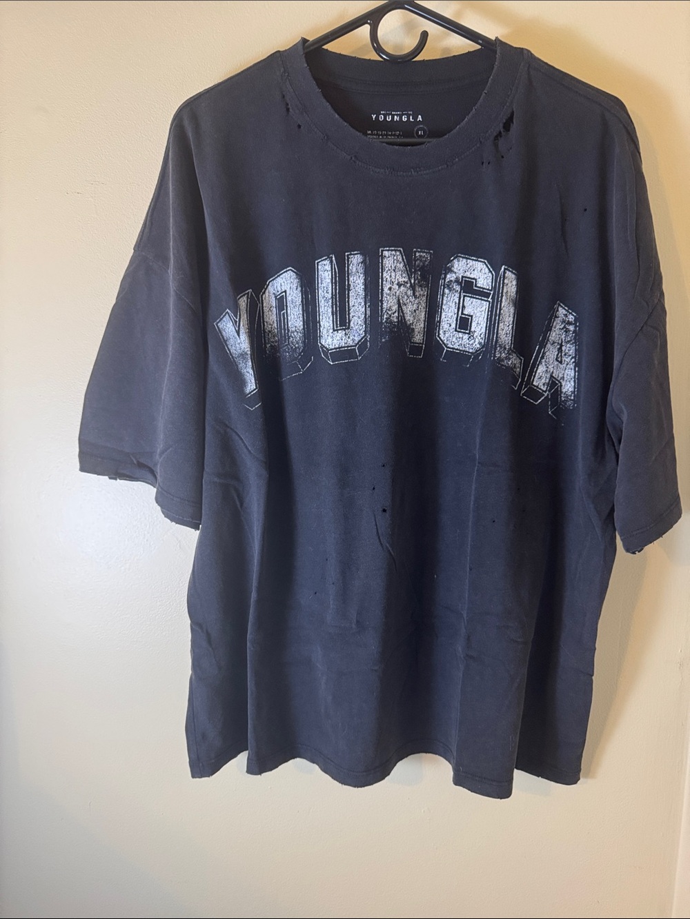 YoungLA Black Short-Sleeve Tee with Distressed White Logo